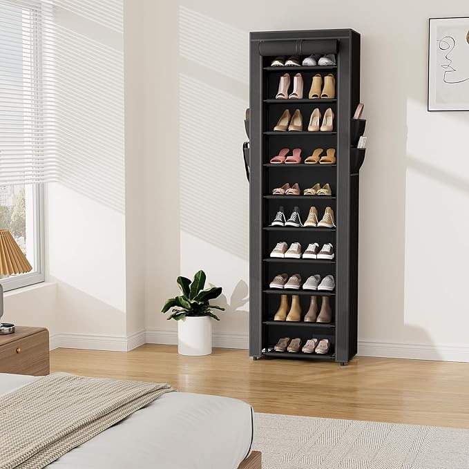VTRIN Vertical Narrow Shoe Rack Organizer 10 Tier Tall Shoe Shelf Holds 20-22 Pairs with Non-Woven Dustproof Cover for Closet, Entryway Black