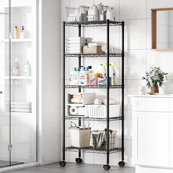 DUMOS 5-Tier Metal Wire Storage Shelves, Adjustable Standing Storage Rack Shelf with Wheels, Heavy Duty Steel Shelving Unit Organizers for Kitchen Bathroom Pantry Garage, 23.2"W×13.4"D×59.1"H, Black