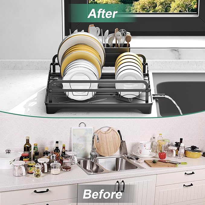 Dish Drying Rack for Kitchen Counter, Large Dish Drying Rack with Utensil Holder & Cutlery Tray, Dish Drainer with Drainboard, Black