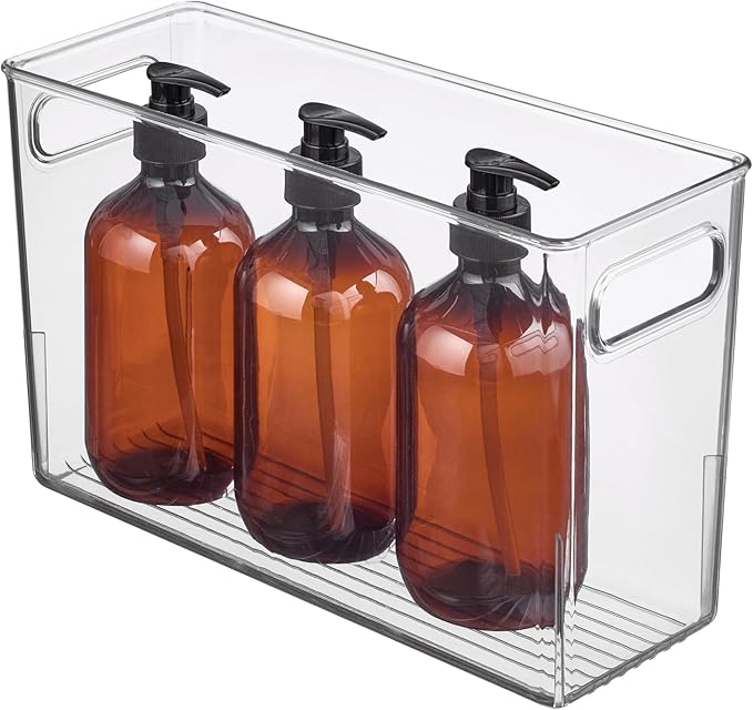 Slim Clear Plastic Bathroom Storage Bin, Tall Narrow Organizer for Lotions