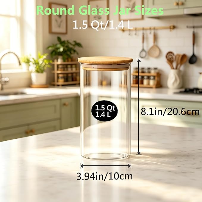 VIEWELLD 1.5 Qt Round Glass Storage Containers with Lids, Clear Food Storage Container Jar with Sealing Bamboo Lid for Noodles Flour Cereal Rice Sugar Tea Coffee Beans, Round Set of 3