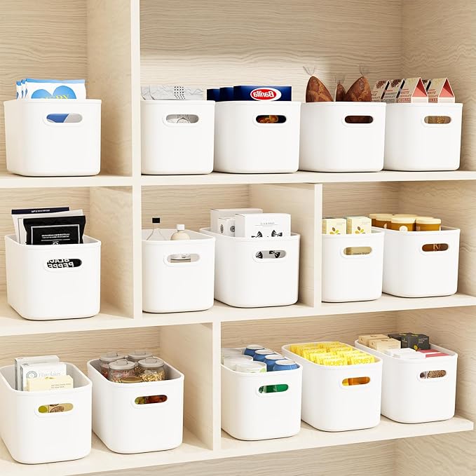 ORGIDOL 12 Pack White Plastic Storage Bins, Storage Container for Organizing, Storage Boxes with Handle for Shelves, Cute Organizer Bins for Craft, Snacks, Pantry, Cabinet, 9.69x6.7x5.7 inch