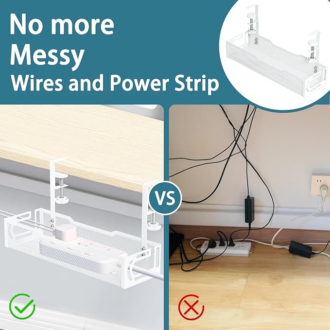 2Pack Under Desk Cable Management Tray, No Drill Mesh Desk Cable Tray, White