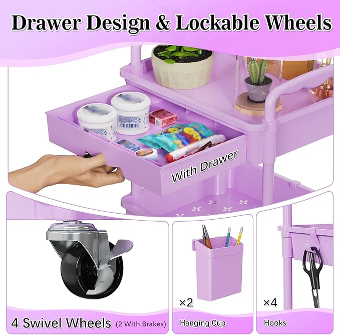 SUNALLY 3 Tier Rolling Cart Organizer with Drawer, Bathroom Storage Carts with Wheels & Plastic Shelf, Mobile Storage Organizers for Kitchen, Office, Laundry Room, Baby, Snack, Craft, Makeup, Purple