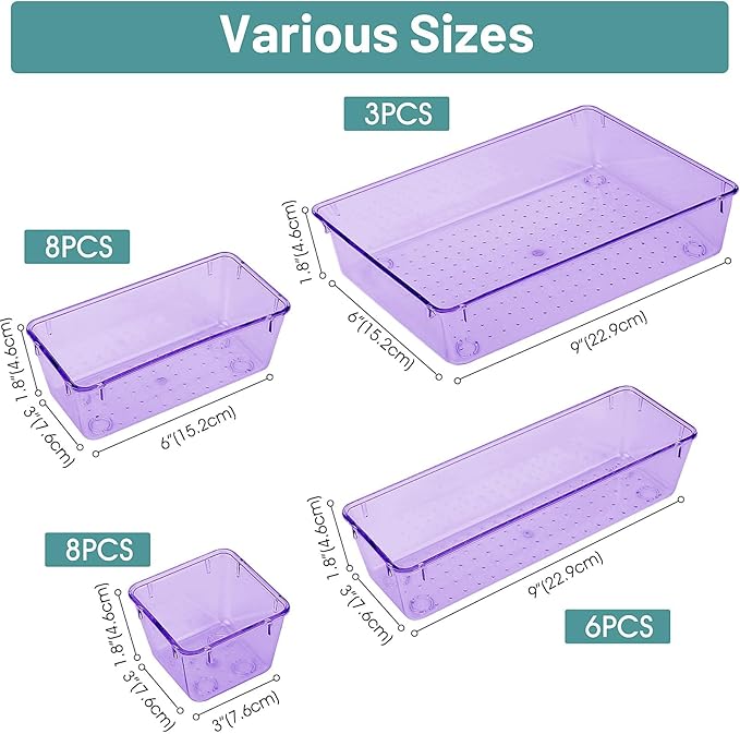 WOWBOX 25 PCS Plastic Drawer Organizer Set, Desk Drawer Divider Organizers and Storage Bins for Makeup, Jewelry, Gadgets for Kitchen, Bedroom, Bathroom, Office, Clear Purple