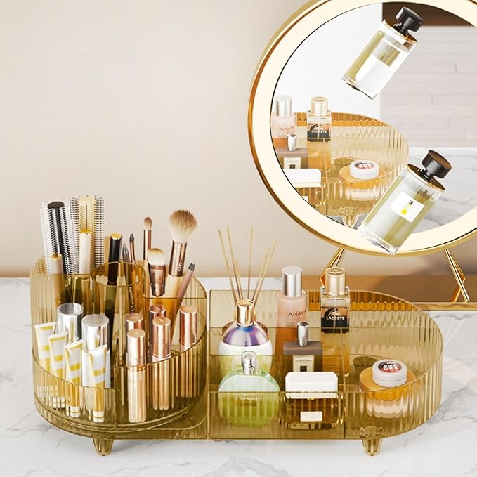 Rotating Makeup Organizer for Vanity with Brush Holder, Transparent Gold