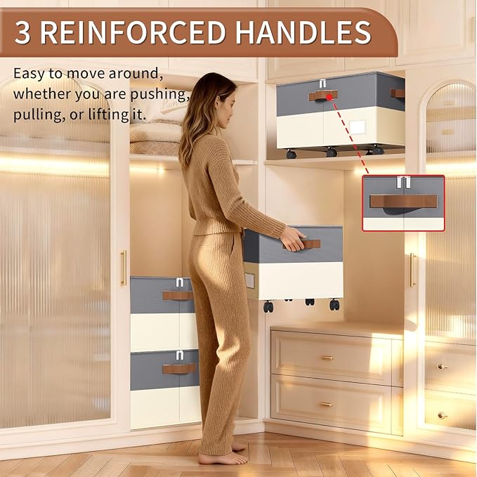 Shoe Organizer for Closet, 2 Pack Shoe Storage Organizer with Wheels and Adjustable Dividers, Shoe Storage Box with Clear Cover, Foldable Closet Shoe Organizer Fits up to 24-48 Pairs, Gray and Beige