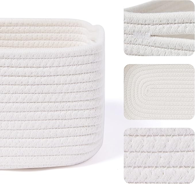 MiniArk Small Storage Baskets for Organizing | Closet Organizer Bins | Shelf Toy Basket | Woven Rope Baskets | Cube Decorative Box | Shallow Basket | 13x8.5x5.1” | 4 Packs Off White