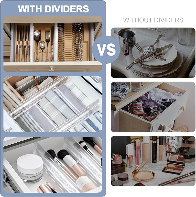 6 Pack Adjustable Drawer Dividers(11.34-19.88") 3.15" Expandable Clear Drawer