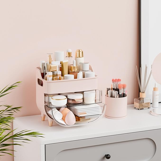 Yieach Pink Make up Organizer for Countertop,Vanity,Large Capacity Bathroom Makeup Skincare Organizers With Brush Holder,Makeup Storage Organizer for Lotion,Beauty Products,Skin Care,Makeup Display