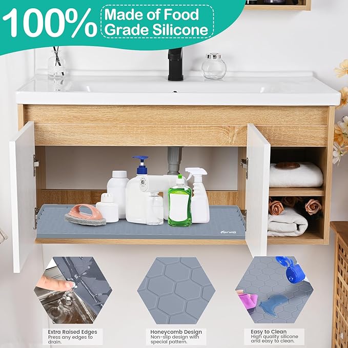 Waterproof Under Sink Mat 31" x 22", Silicone Cabinet Liner, Rubber Protector for Kitchen and Bathroom, Keeps Cabinets Clean, Dry, and Organized (Grey)