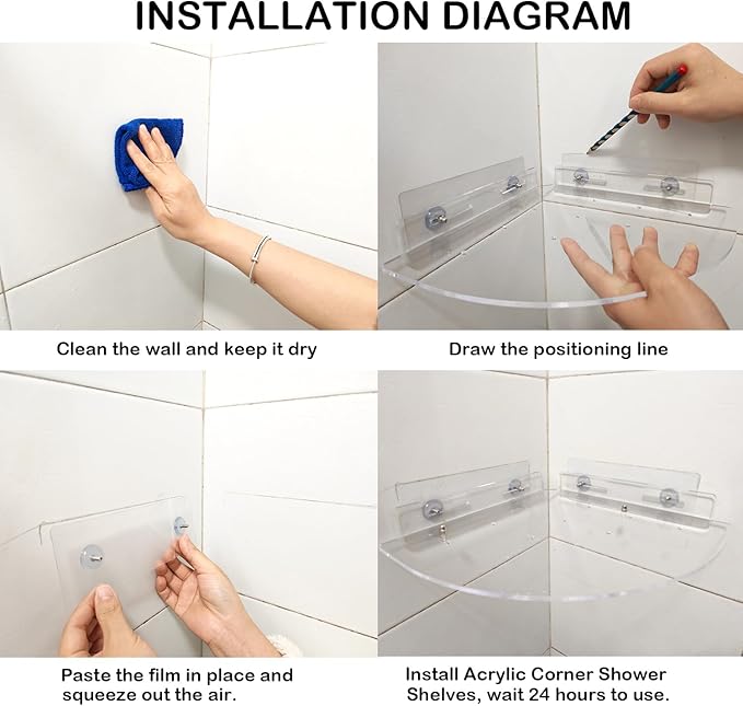 Acrylic Corner Shower Caddy Shelf 2 Pack - Wall Mounted Bathroom Shelves for Glass/Tile/Smooth Walls, Space Saving Storage Organizer for Shower, Kitchen, Bedroom & Toilet Corner