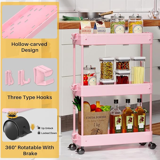 Slim Rolling Storage Cart, Pink