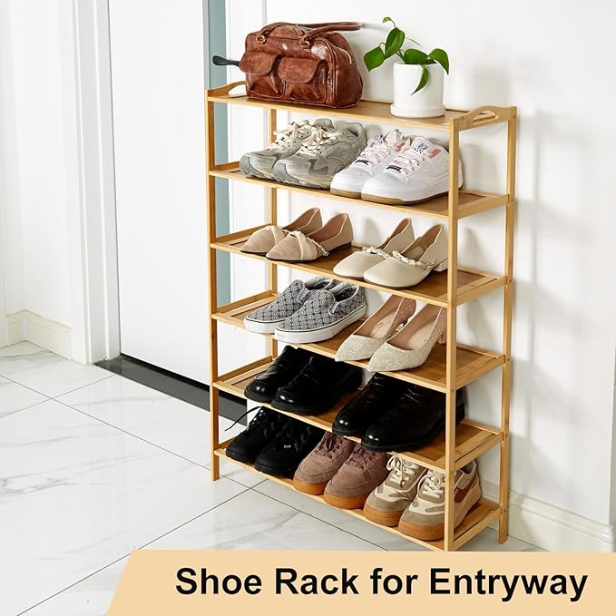 6 Tier Bamboo Shoe Rack, Free Standing Shoe Racks, Shoes Rack Organizer, Bamboo Wood Shoe Rack for Entryway and Closet Hallway (27.5" x 9.25" x 40.3")