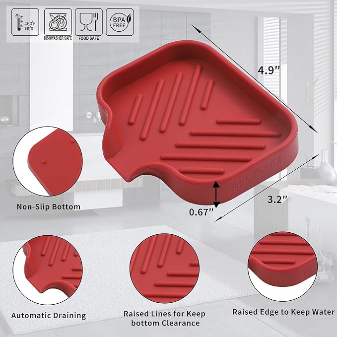 MicoYang Silicone Soap Dish with Drain Spout — Self-Draining Sink Organizer Tray for Bathroom & Kitchen, Holds Bar Soap, Sponges & Dispensers, Non-Slip & Dishwasher Safe, Red (Small, 4.9"×3.2")
