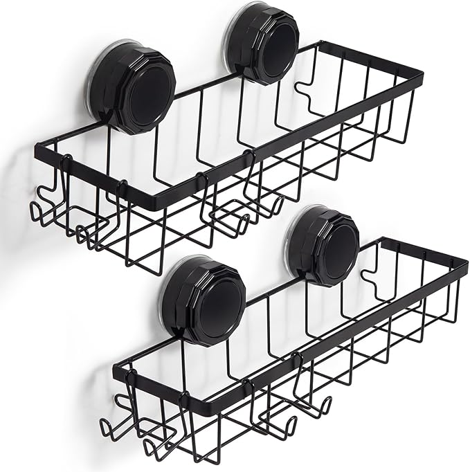 Shower Caddy Suction Cup Adhesive with Hooks, Heavy Duty Shower Shelves Storage Organizer for Bathroom, No Drilling Bathroom Shelf with Large Capacity, Black Metal Storage Basket