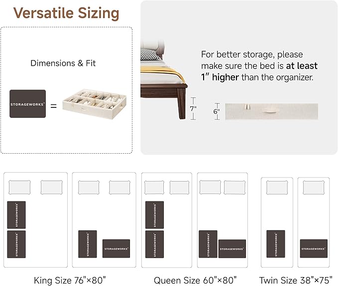 StorageWorks Underbed Shoe Storage Organizer for Closet, 2-Pack Fabric Under Bed Shoe Organizer with Adjustable Dividers, Fits up to 24 Pairs, Beige(Natural Texture)