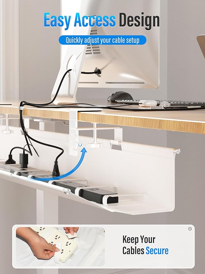 [Upgraded] Large Under Desk Cable Management Tray, Cinati Cable Management Under Desk No Drill, 42" Fabric Cord Hider for Wire Organizer, Cord Organizer for Office, Home - Supports Up to 30lbs White