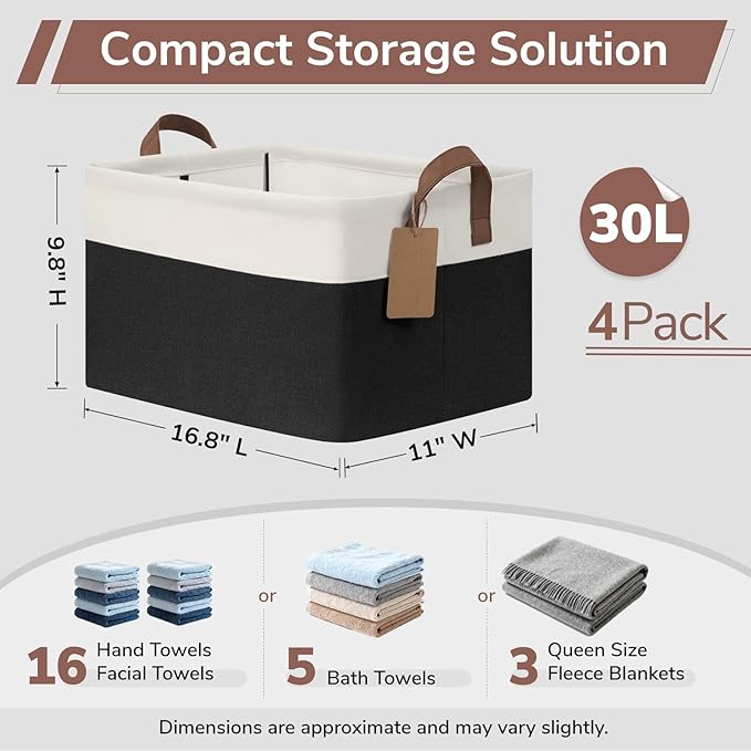 CHICVITA 4 Pack Large Storage Baskets for Shelves, Collapsible Fabric Storage Bins with Metal Frame Handles, Decorative Closet Organizers Bins for Toys, 16.8" x 11" x 9.8", Black & White