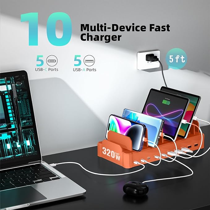 320W Charging Station for Multiple Devices, Zobirez 10-Port USB C Fast Charger Stations for MacBook, iPhone, Android Cell Phone, iPad, Tablet Family Multi-Device Organizer Charging Dock, Orange