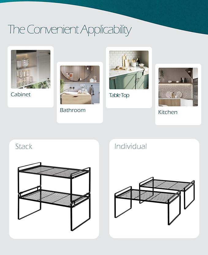 Shantton 2Pack Kitchen Cabinet Shelf Counter Organizer Rack Pantry Storage Bathroom Bedroom Office Table Desk Space Saving Stackable Rust Resistant Non Slip Black Wide L16.1in W10.6in H7.3in