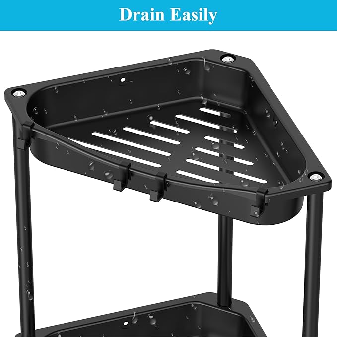 4 Tier Floor Standing Corner Shower Caddy Organizer Shelf with Hooks, Jet Black