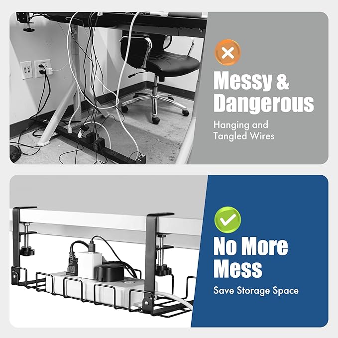 Under Desk Cable Management Tray - No Drilling, Tools-Free, Adjustable Iron Organizer, Modern Minimalist Style for Home Office