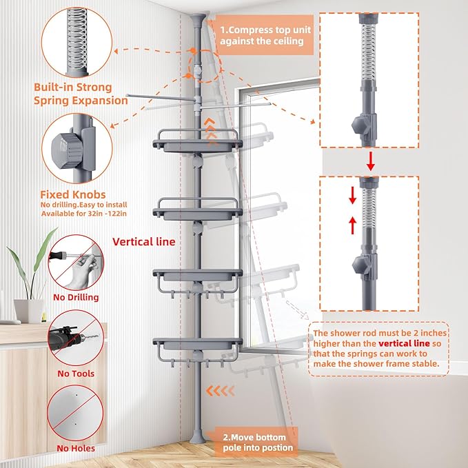 32-122inch Corner Shower Caddy Tension Pole Grey