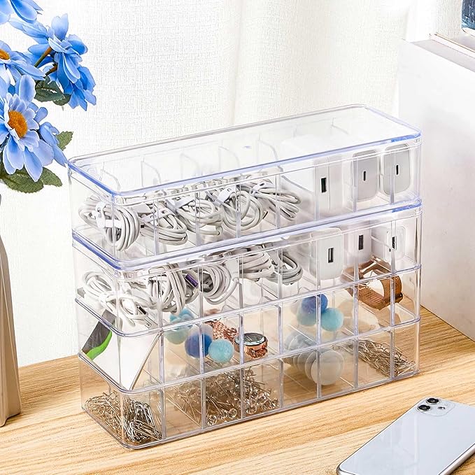 Tatuo 1 Pcs Cable Organizer Box with Wire Ties, Plastic Cord Storage Box with Lid, Electronics Organizer for Home Office Desk Organizers and Accessories (Clear)