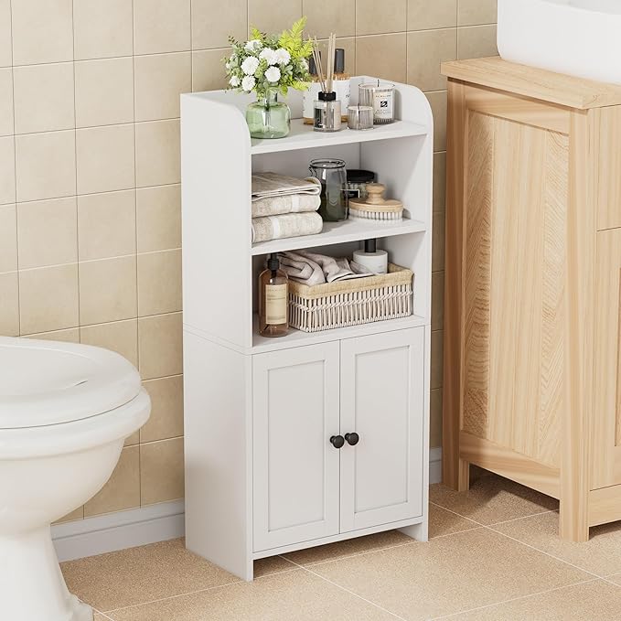 Homhedy Small Bathroom Storage Cabinet, Freestanding Toilet Paper Storage with 2 Doors and Shelves, Bathroom Organizers and Storage for Small Spaces, Laundry Room, 7.9" D x 14.6" W x 31" H, White