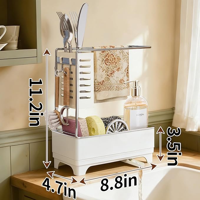 MOUKABAL Sponge Holder for Kitchen Sink, 2-Tier Sink Caddy Organizer with Drain Holes and Hooks, Holds Dishcloth, Sponge & Brushes, Kitchen Countertop Storage for New Home Essentials Off-white