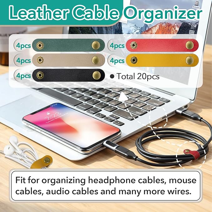 20 Pcs Leather Cord Organizer - Multiple Colors Leather Cable Straps Cord Organizer for Charging Cords, Reusable Cable Clips Leather, Multipurpose Leathers Wire Cable Ties(5 Colors)