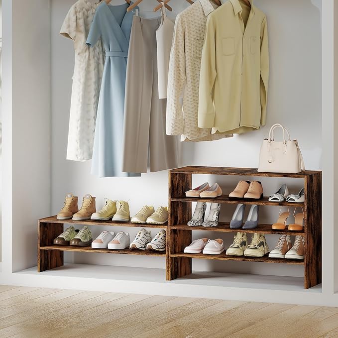 Giantex 3-in-1 Vertical Shoe Rack, 6-Tier Free Standing Shoe Storage Organizer w/Stackable Design for 18 Pairs, 31 Inch Wide Wood Shoe Shelf for Closet, Entryway, Living Room, Office (2, Brown)