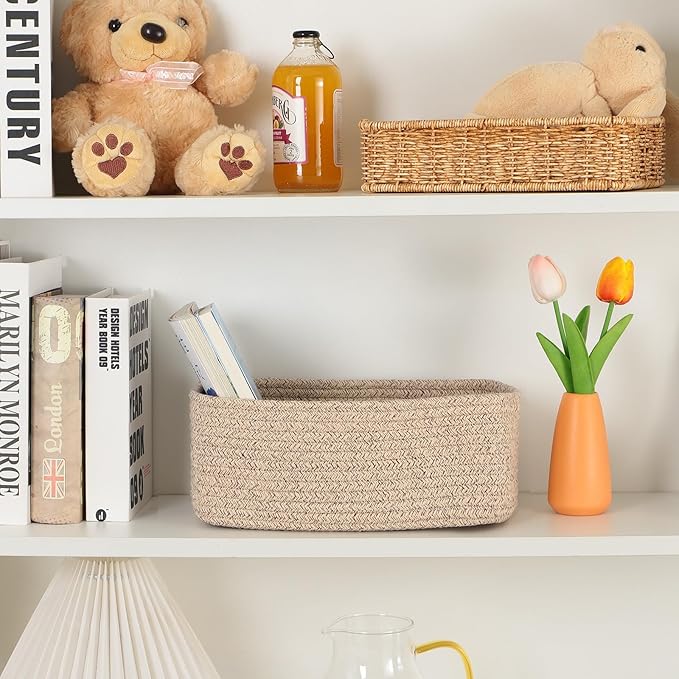 MiniArk Small Storage Baskets for Organizing | Closet Organizer Bins | Shelf Toy Basket | Woven Rope Baskets | Cube Decorative Box | Shallow Basket | L11.5xW7.5xH4.7| Brown