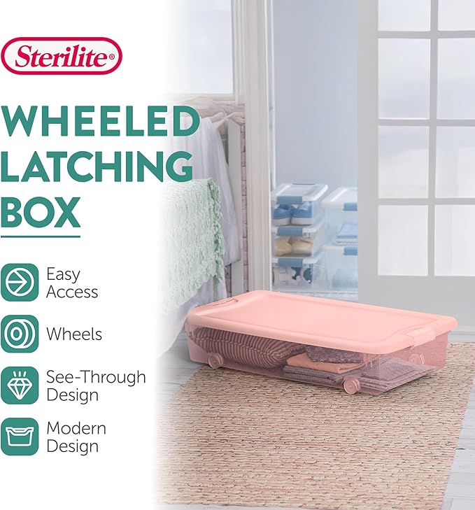 Sterilite 4-Pack 56 Quart Wheeled Latching Box, Underbed Plastic Storage Organizer, Pearl Blush Tint - Under Bed Rolling Container Bin with Lid and Wheels for Home or Dorm Bedrooms and Closets