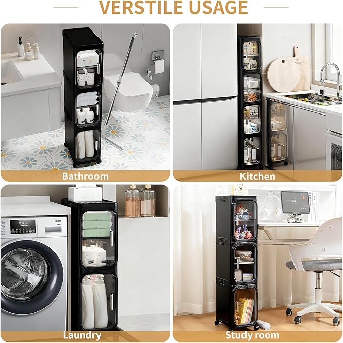 2-Tier Narrow Storage Cabinet, Slim Bathroom Storage Cabinet with Adjustable Shelves and Wheels, Narrow Organizer for Small Space, Bathroom, Kitchen, Laundry, Black