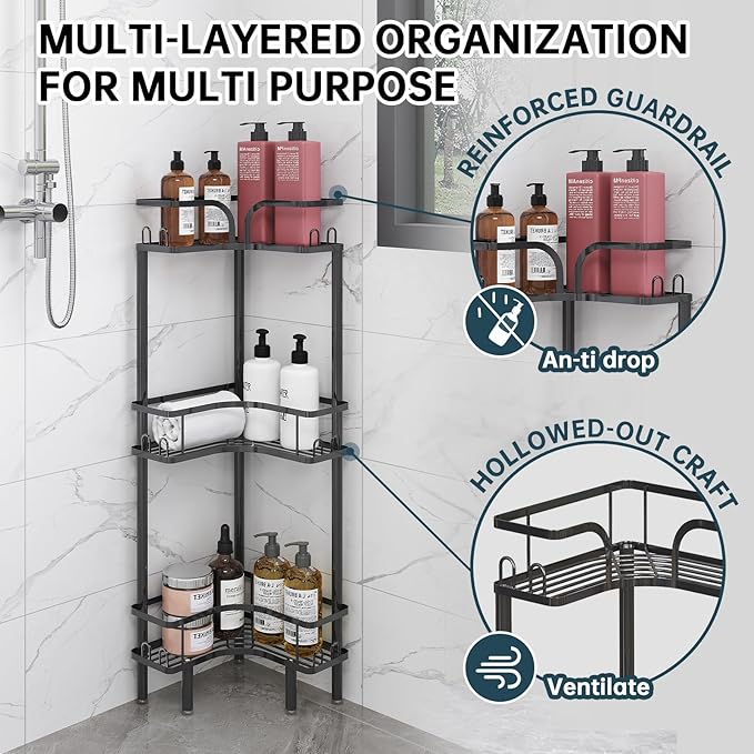Standing Shower Corner Caddy, 3-Tier Stainless Steel Material Shower Organizer with 12 Hooks - Space Saving Corner Shelf with Adjustable Feet for Bathroom, Compact Spaces (Black, 3 Tiers)