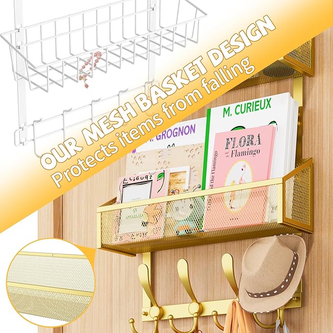 Kaiferty Over The Door Hooks Organizer, Coat Rack Over The Door Storage Hanger Towel Rack, Back of Door Storage Organizer for Bathroom,Bedroom,Kitchen,Office (Gold, 4-Tier)