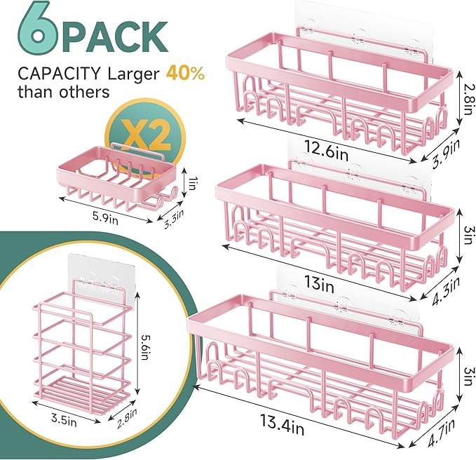 Large Capacity Shower Caddy 6-Pack, No Drilling & Rustproof