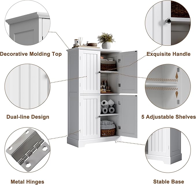 ChooChoo Bathroom Floor Cabinet, Modern Bathroom Storage Cabinet with 4 Doors and Adjustable Shelves, Freestanding Cupboard for Living Room, Kitchen Pantry, White