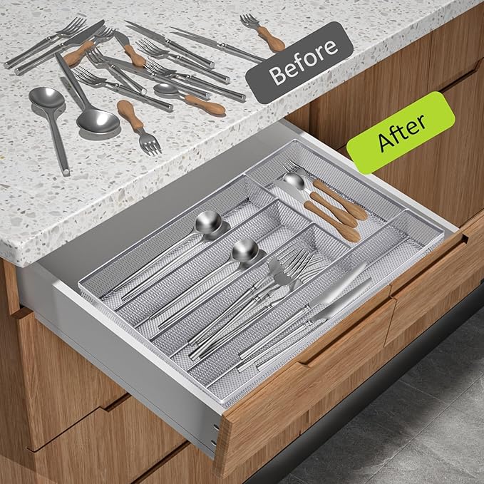 Silverware Drawer Organizer, 5 Compartment Cutlery Tray with Non-Slip Feet