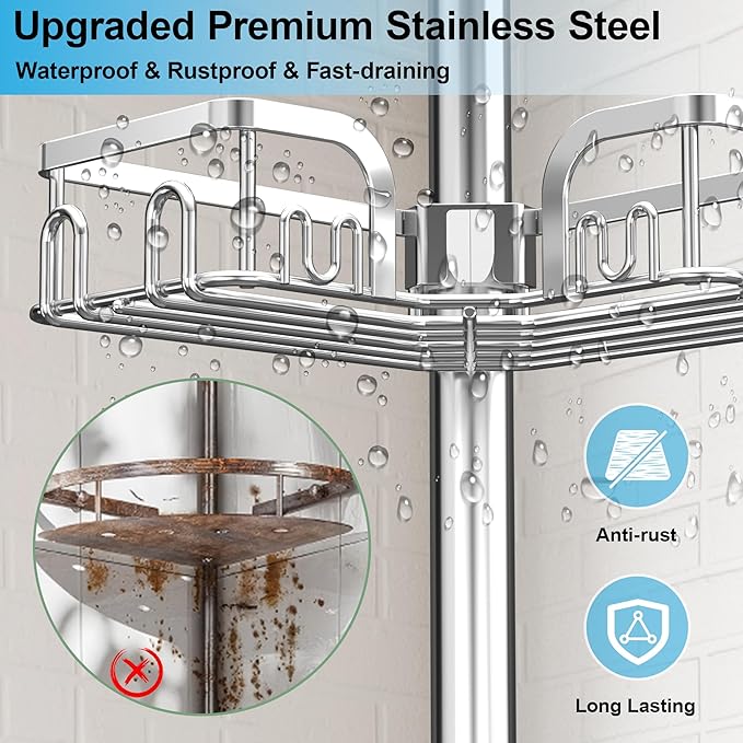 Corner Shower Caddy Tension Pole 4 Tier Adjustable Stainless Steel Shower Shelf for Inside Shower Bathtub Shampoo,Standing Bathroom Organizer Shelves with 39 to 113 inch Height