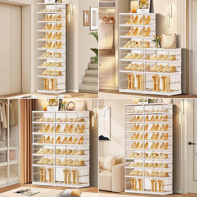 CIMLORD 9 Tier Foldable Shoe Rack for Closet Entryway 9-18 Pairs Stackable Clear Shoe Storage Boxes with Lids Tall Shoes Shelf with Door Plastic Organizer Cabinet Easy Assembly
