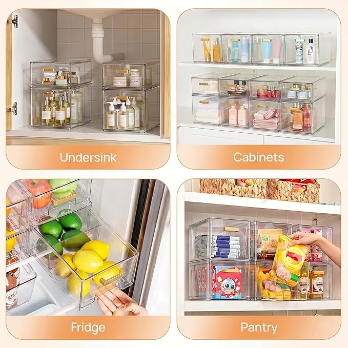LALOBLUE Clear Stackable Drawer Organizer, 4 Pack Acrylic Storage Drawers with Pull-Out Design, Space-Saving Organizer for Bathroom, Vanity, Kitchen & Office