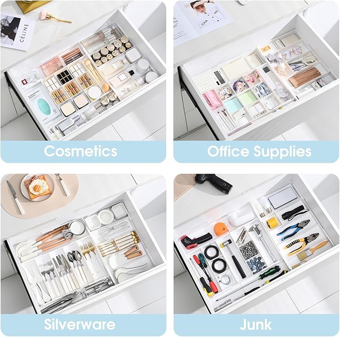 Expandable Drawer Organizer, Width (10.6"-20.1") Depth (11"-20.1"), Plastic Makeup Drawer Organizer with 6 Removable Dividers, Silverware Organizer, Great for kitchen and Bathroom Drawers