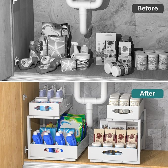 Housolution 2 Pack Large Under Sink Organizer, 2 Tier Metal Pull Out Under Sink Storage with Sliding Mesh Drawers, Height Adjustable Slide Out Under Cabinet Organizer for Kitchen Bathroom, White