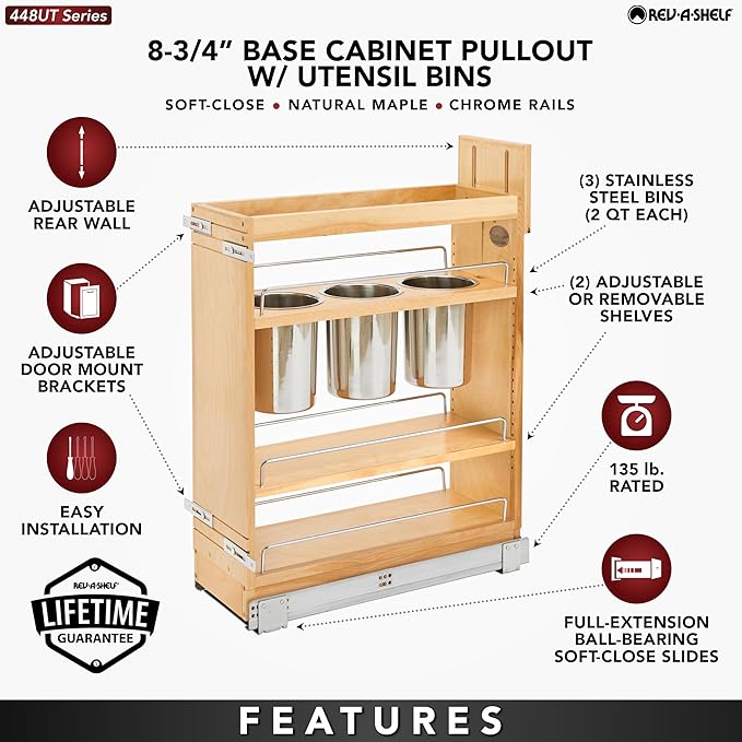 Rev-A-Shelf 8 in. Pull Out Storage Organizer for Base Kitchen Cabinets w/Soft-Close, Sliding Shelves for Utilities, Utensils or Spices, Maple, 448UT-BCSC-8C