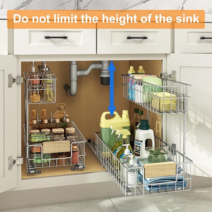 Pull Out Cabinet Organizer, Under Sink Slide Out Storage Shelf with 2 Tier Sliding Wire Drawer, Sliding Storage for Inside Kitchen Cabinet- 11.5 in. W x 21.5 in. D (Right)