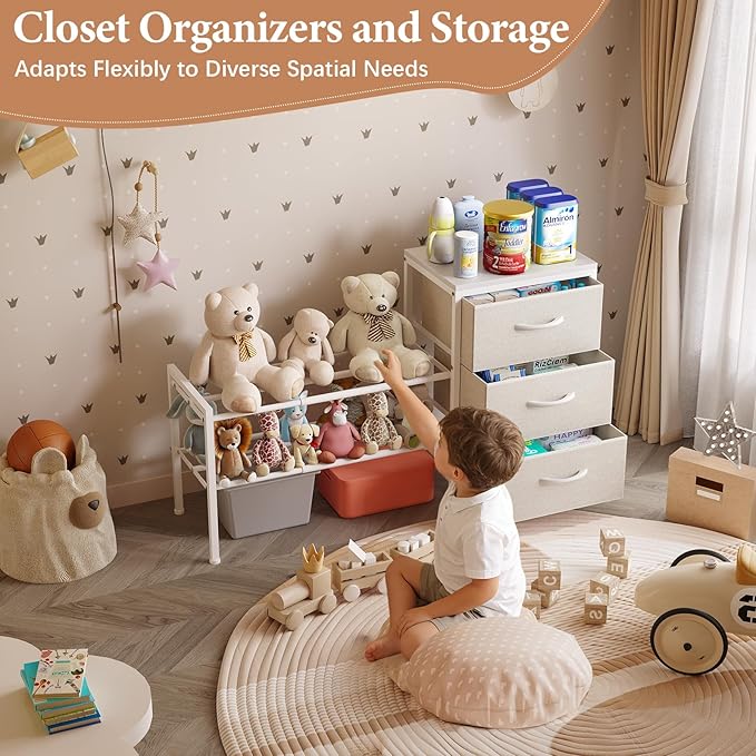 Cidaziya Expandable Closet Organizers and Storage, White Fabric Storage Dresser, 3 Drawer Dresser, Clothes Shelves for Kids, Purse Organizer Small Shoe Rack for Closet Bedroom(31.29~43.42 in)