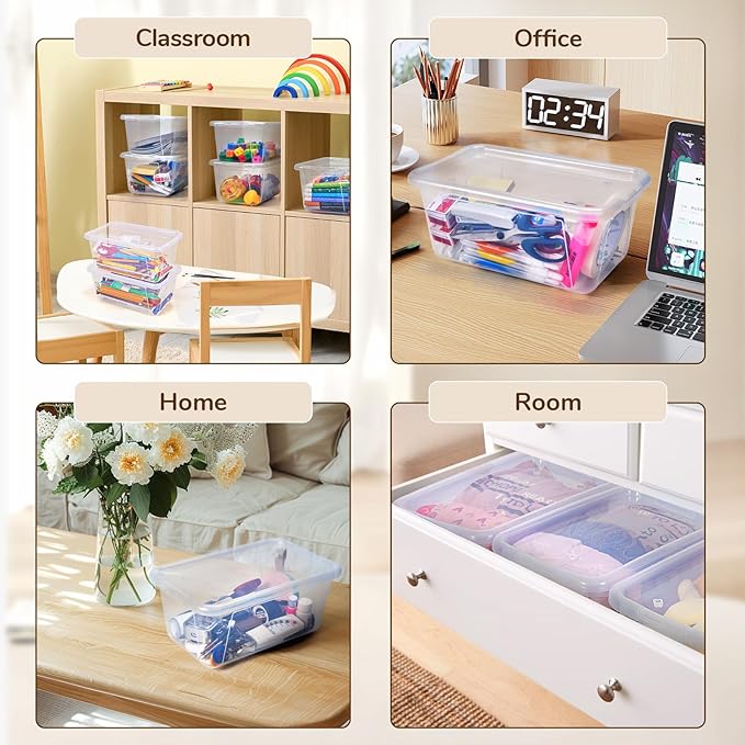 GAMENOTE 6 Quart Storage Bins with Lids, Plastic Latching Box for Classroom & Kids Toy Storage,Stackable Shoe Box Size Containers for STEM Morning Tubs, Crafts & Building Blocks (6, Clear)